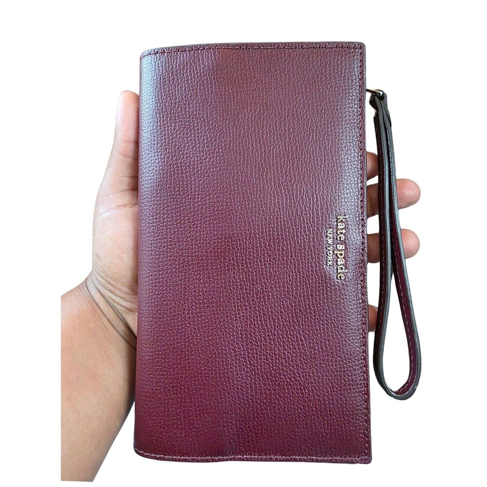 Kate Spade Staci Large Slim Bifold Wristlet Wallet Plum Burgundy Pebbled Leather